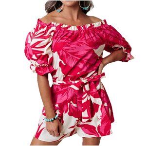 FLYING TOMATO Pink and White Floral Hawaiian Off the Shoulder Romper Sz M